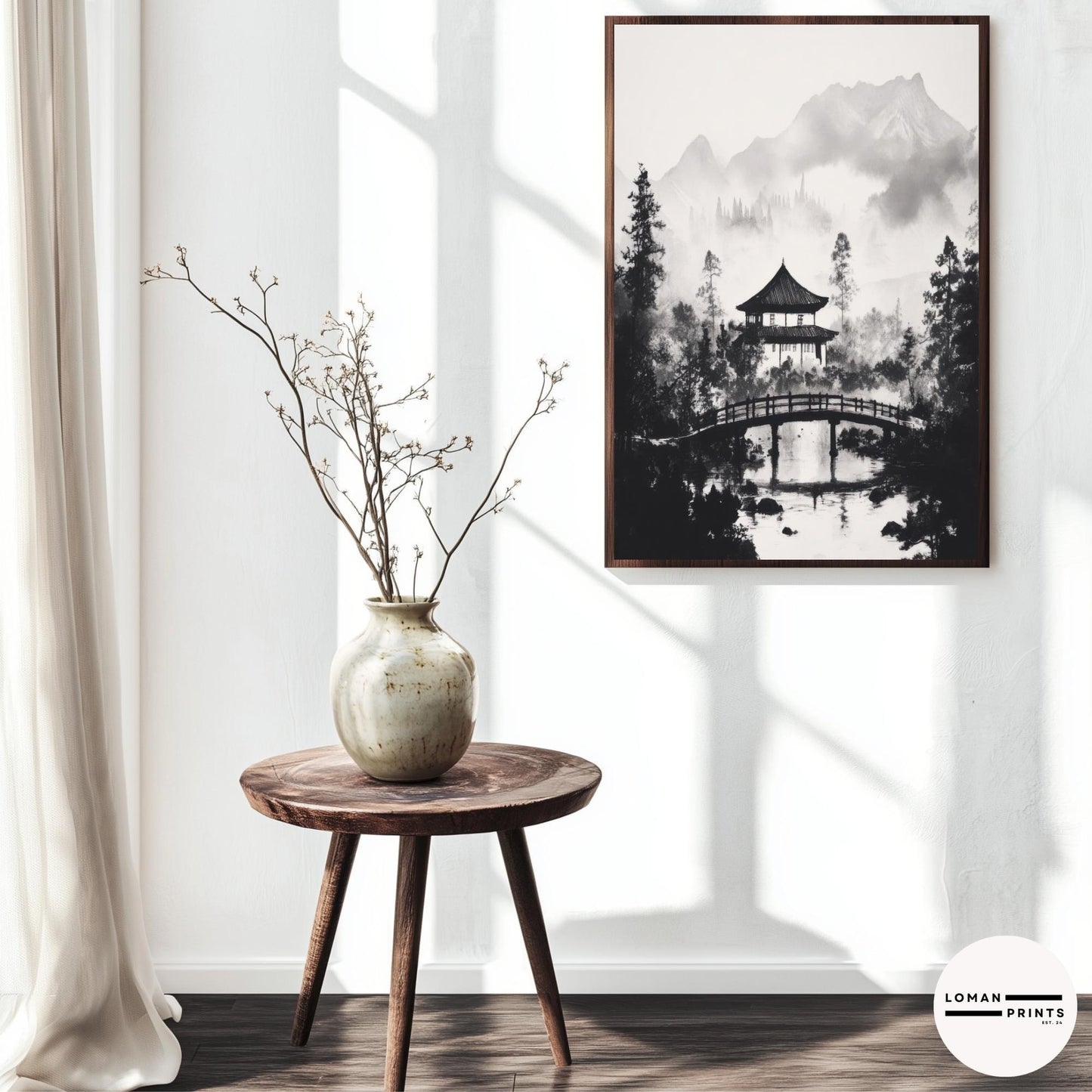 Japanese Pavilion with Arched Bridge - Black and White Zen Nature Art - Minimalist Landscape Print for Peaceful Home Decor