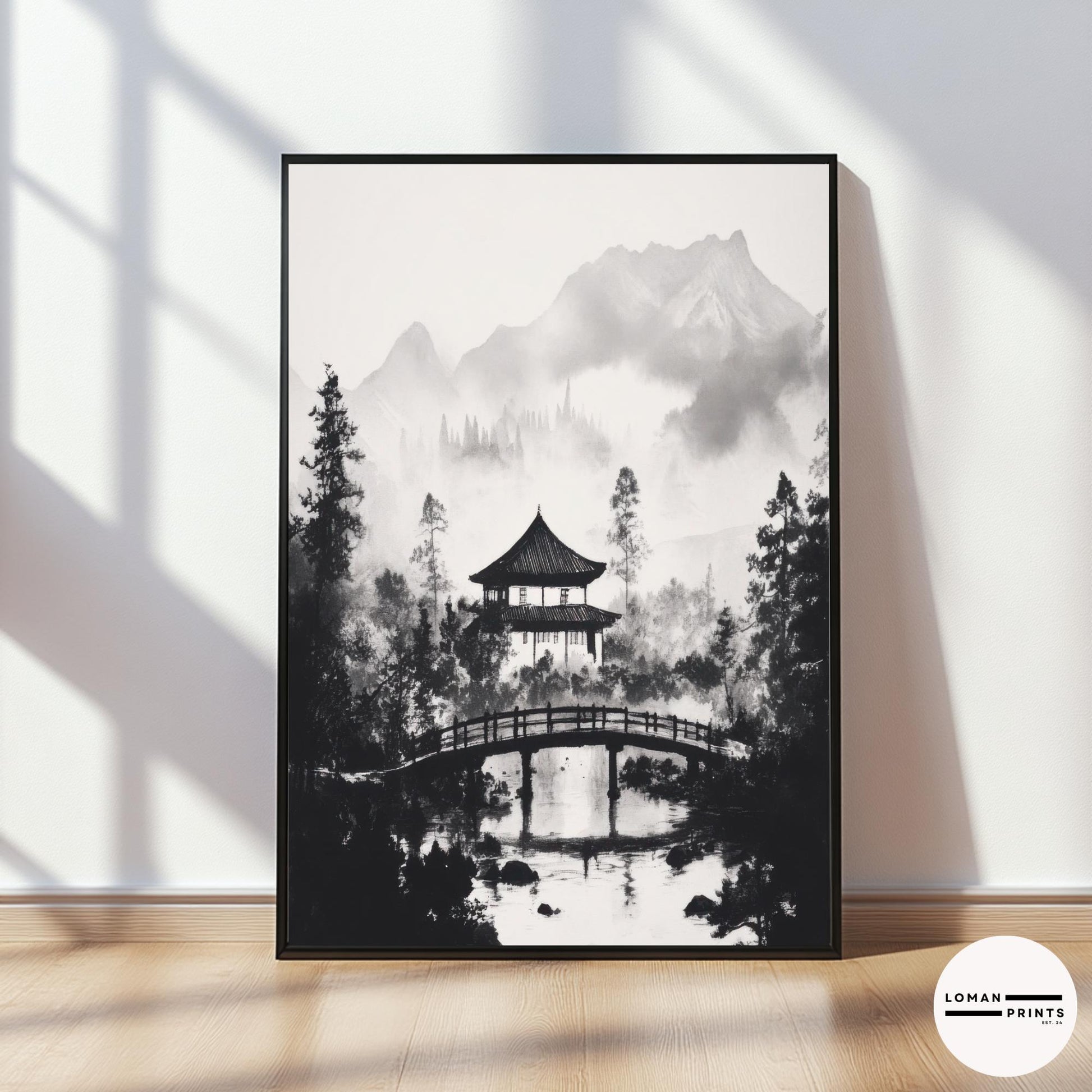 Japanese Pavilion with Arched Bridge - Black and White Zen Nature Art - Minimalist Landscape Print for Peaceful Home Decor