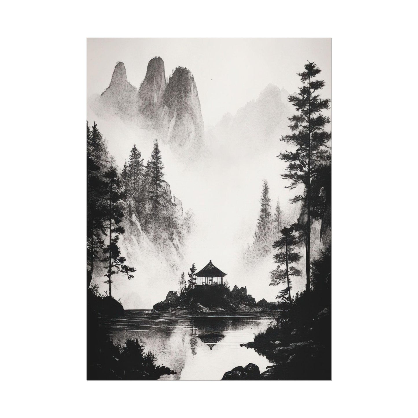 Black and White Japanese Zen Art - Secluded Pavilion in Misty Mountains - Minimalist Landscape Print for Meditation Room Decor