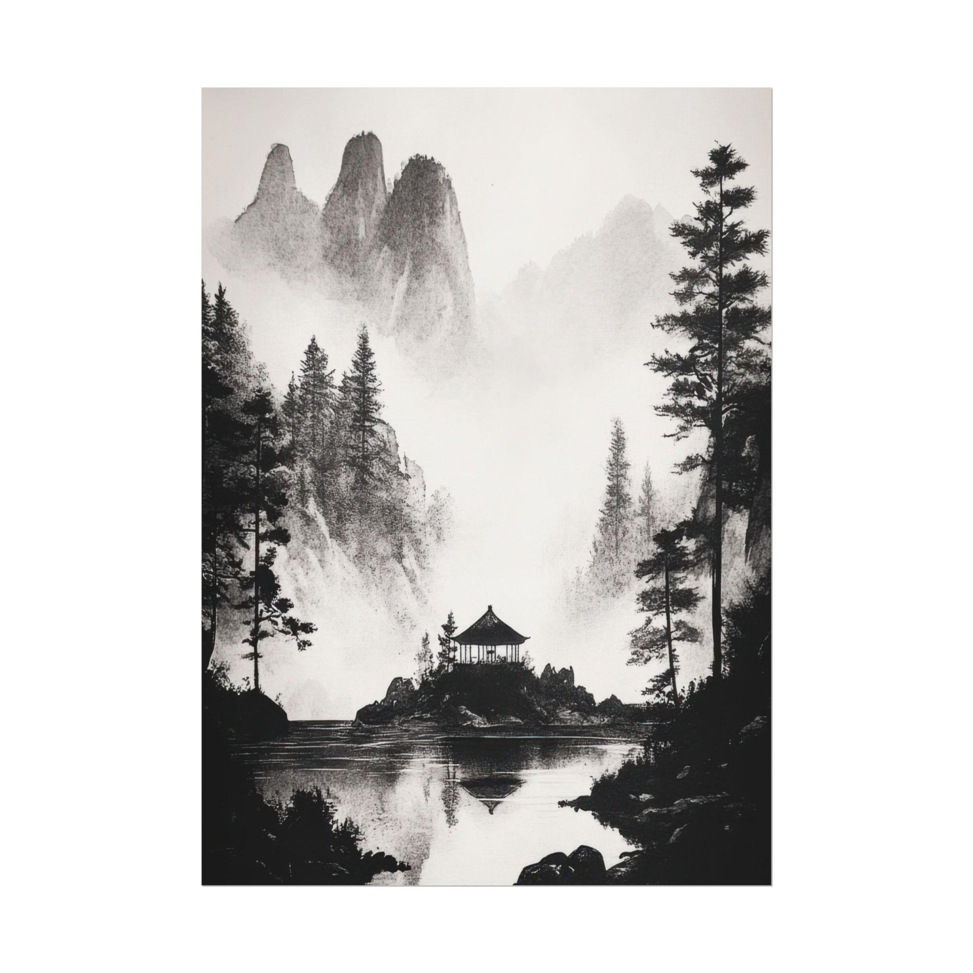 Black and White Japanese Zen Art - Secluded Pavilion in Misty Mountains - Minimalist Landscape Print for Meditation Room Decor