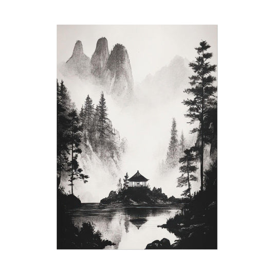 Black and White Japanese Zen Art - Secluded Pavilion in Misty Mountains - Minimalist Landscape Print for Meditation Room Decor