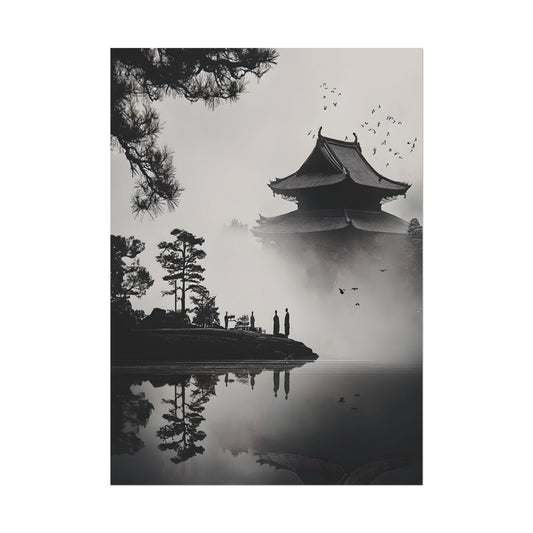Black and White Zen Art - Monks by Pagoda Reflecting on Misty Lake - Minimalist Japanese Print for Serene and Peaceful Decor