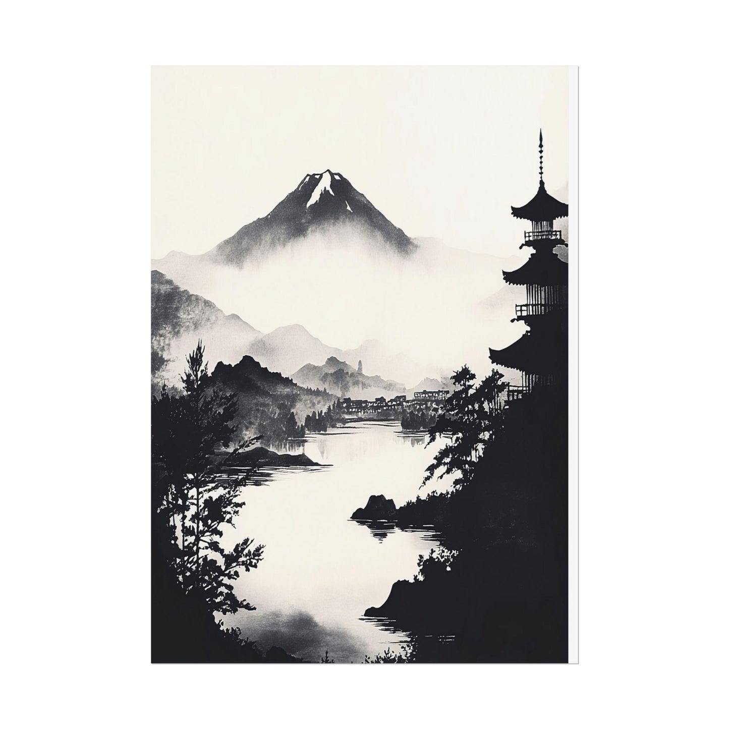 Black and White Zen Landscape Art - Misty Lake View with Distant Pagoda - Minimalist Japanese Print for Serene Home Decor