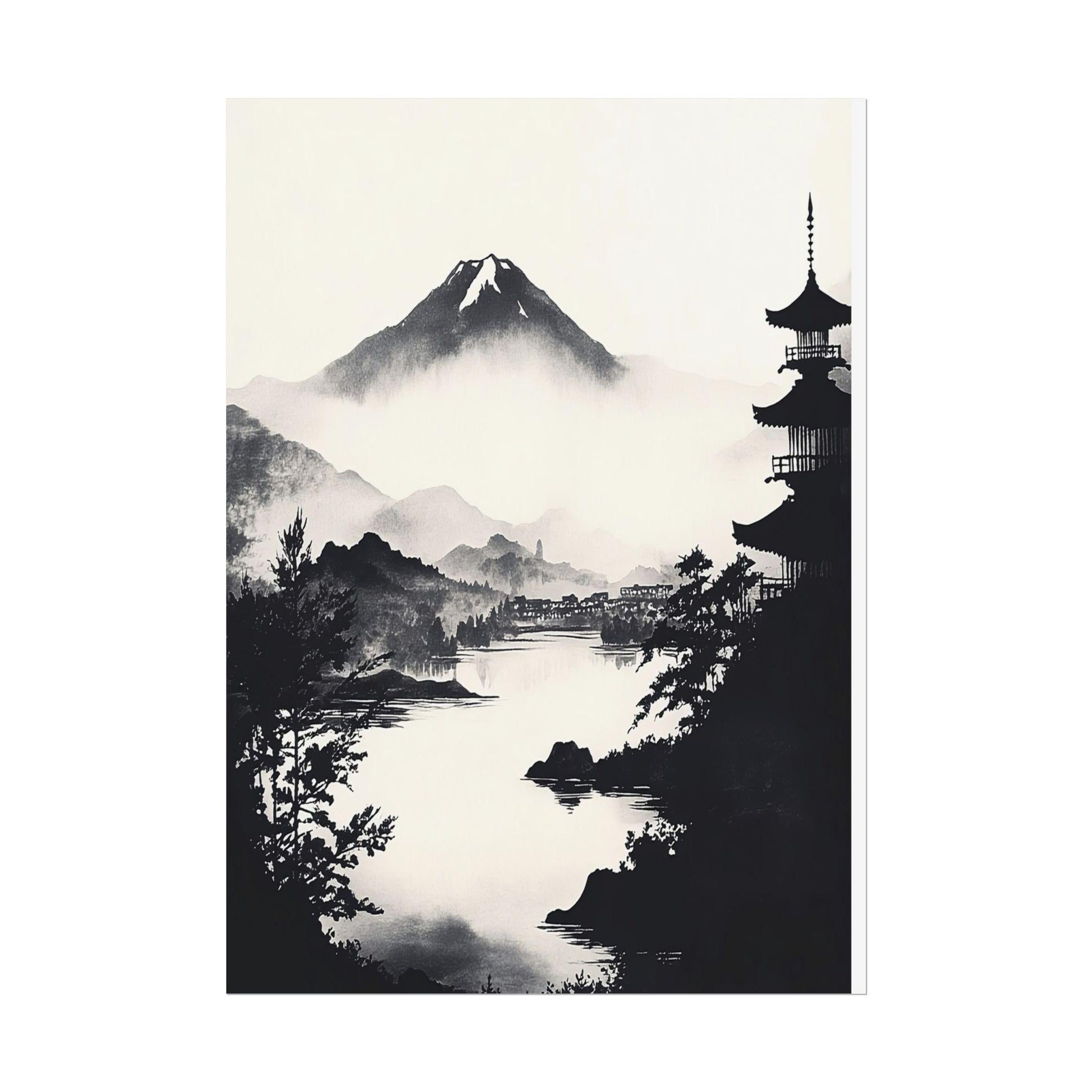 Black and White Zen Landscape Art - Misty Lake View with Distant Pagoda - Minimalist Japanese Print for Serene Home Decor