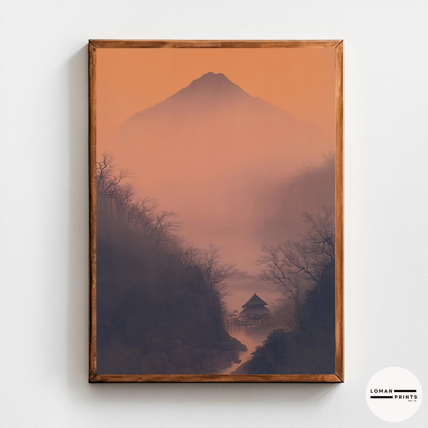 Golden Hour Mountain Valley Print – Japanese Cabin Wall Art in Misty Canyon for Minimal Zen Decor and Peaceful Interior Styling