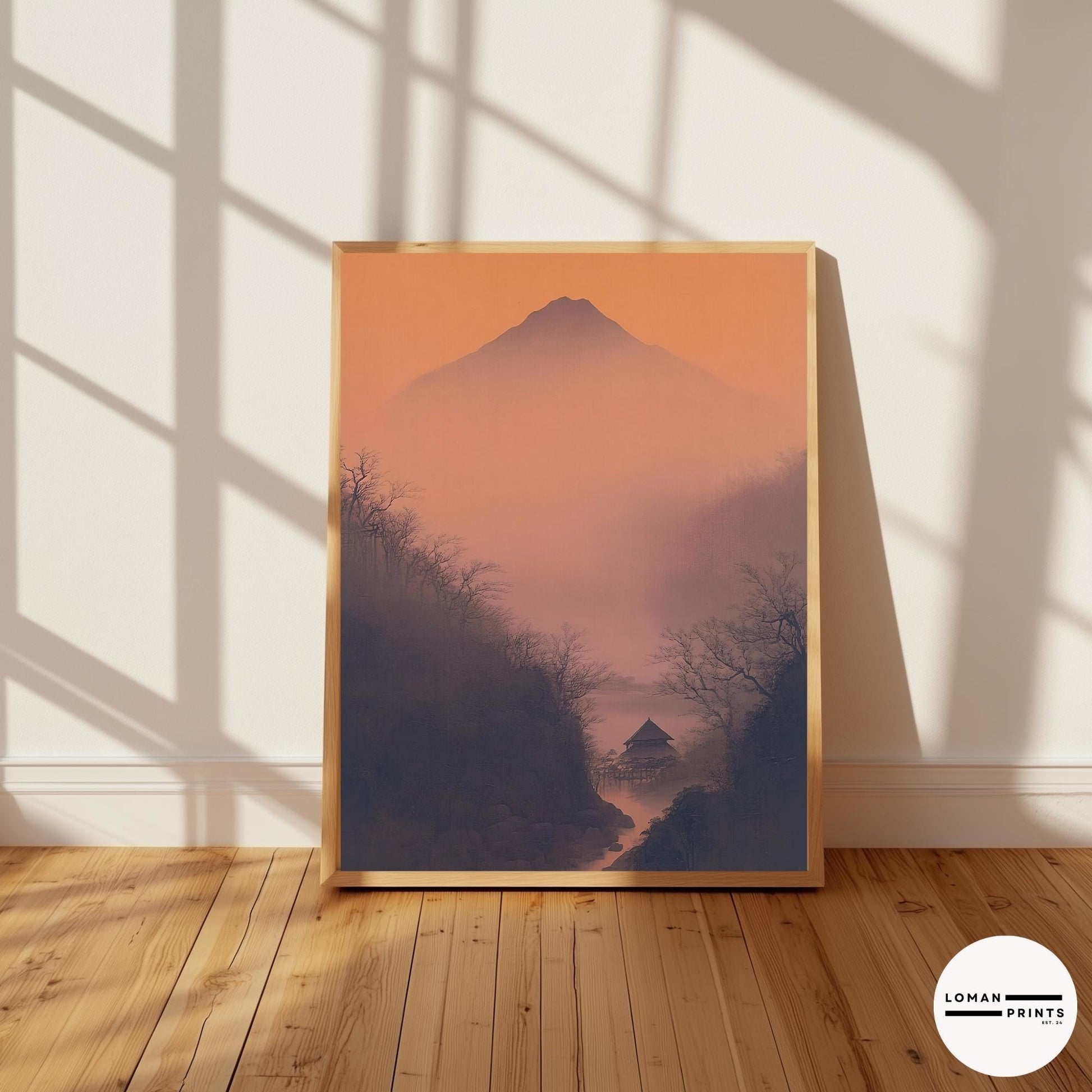Golden Hour Mountain Valley Print – Japanese Cabin Wall Art in Misty Canyon for Minimal Zen Decor and Peaceful Interior Styling