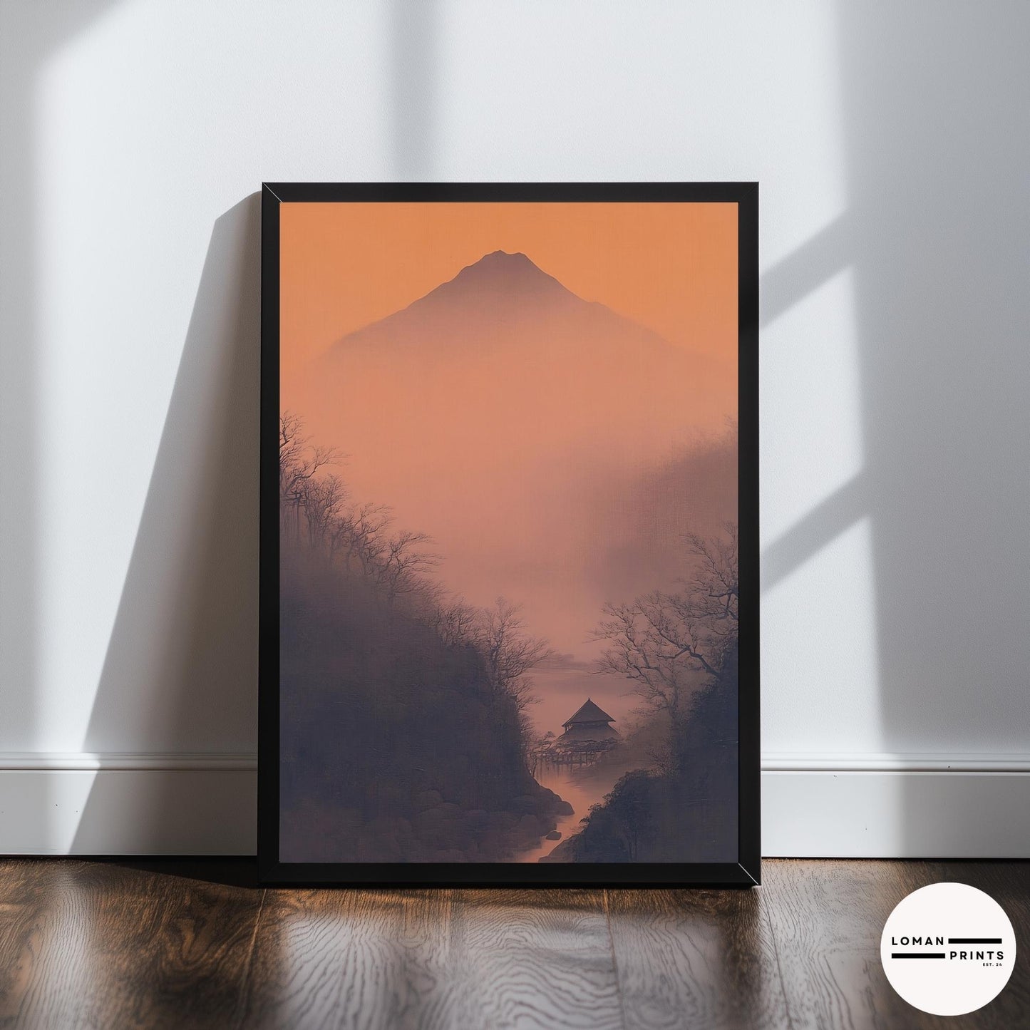 Golden Hour Mountain Valley Print – Japanese Cabin Wall Art in Misty Canyon for Minimal Zen Decor and Peaceful Interior Styling