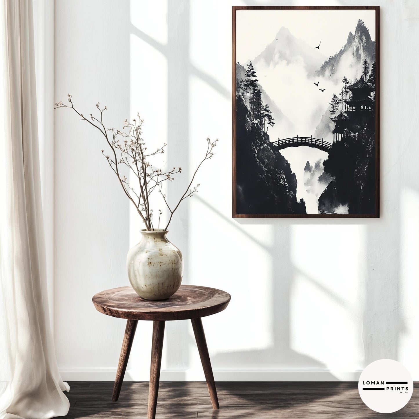 Black and White Zen Nature Art - Japanese Pavilion with Arched Bridge - Minimalist Landscape Print for Peaceful Home Decor
