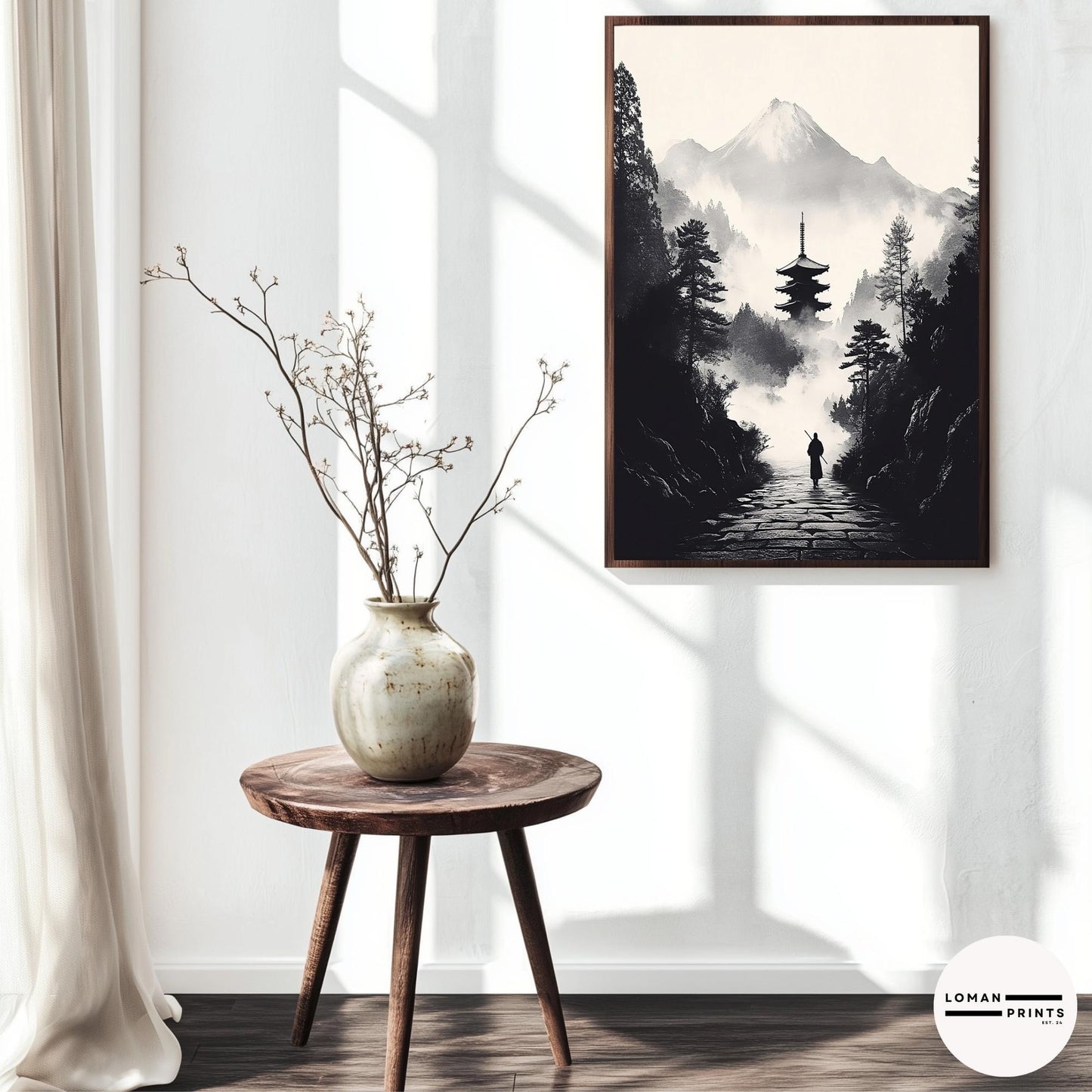 Black and White Zen Art - Monk Walking Path to Pagoda in Misty Mountains - Minimalist Landscape Print for Tranquil Home Decor