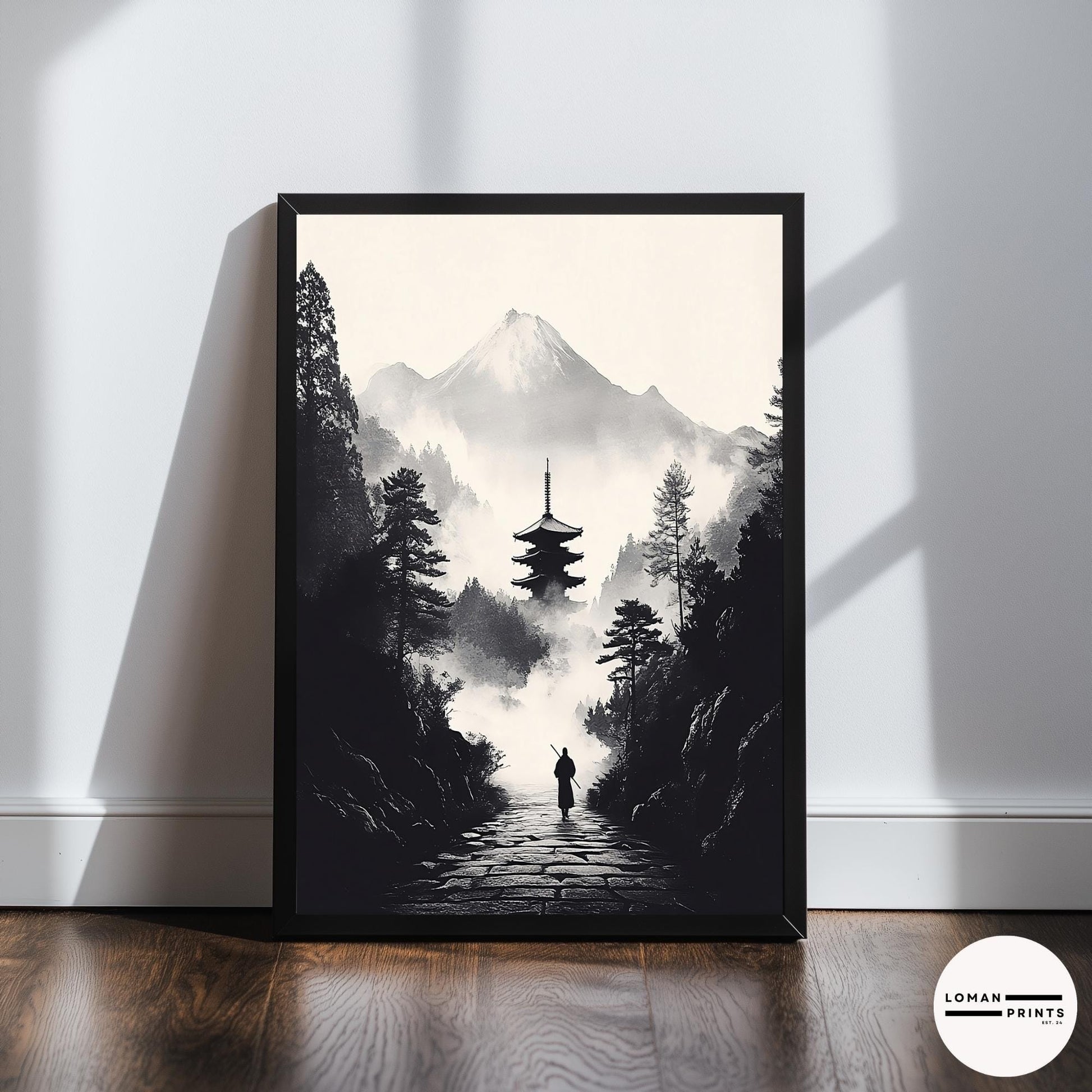 Black and White Zen Art - Monk Walking Path to Pagoda in Misty Mountains - Minimalist Landscape Print for Tranquil Home Decor