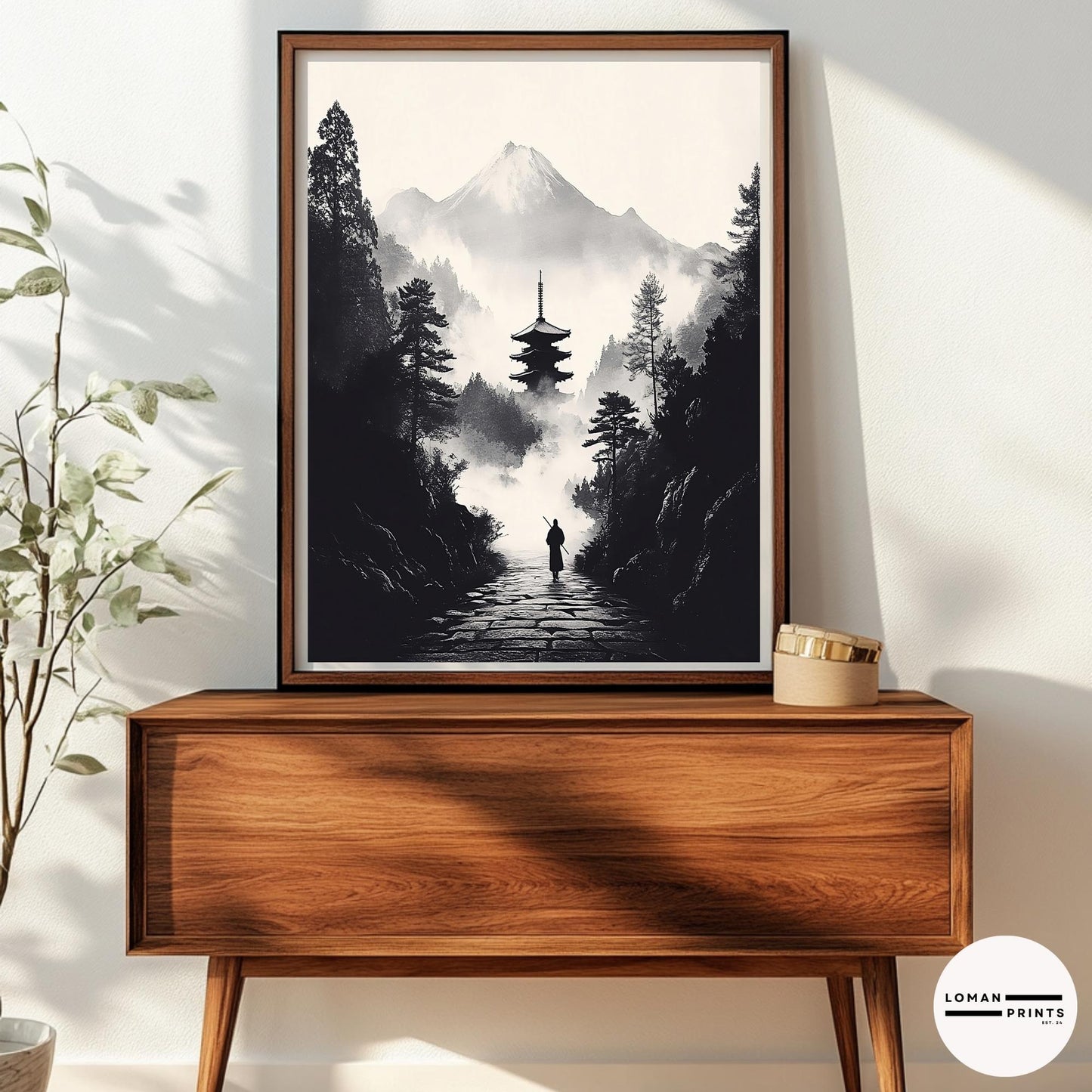 Black and White Zen Art - Monk Walking Path to Pagoda in Misty Mountains - Minimalist Landscape Print for Tranquil Home Decor