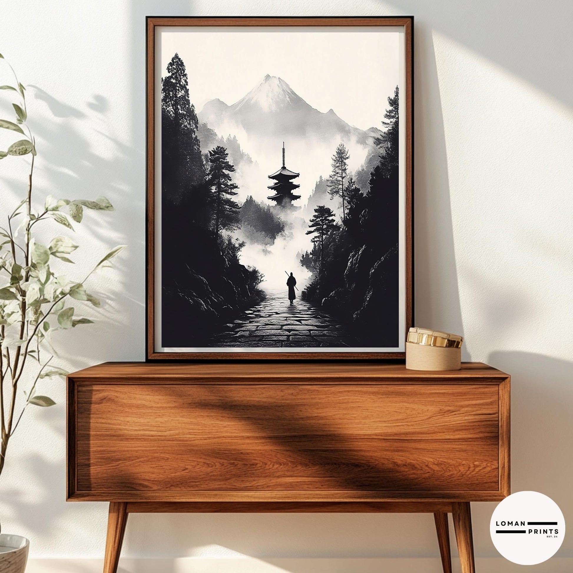 Black and White Zen Art - Monk Walking Path to Pagoda in Misty Mountains - Minimalist Landscape Print for Tranquil Home Decor