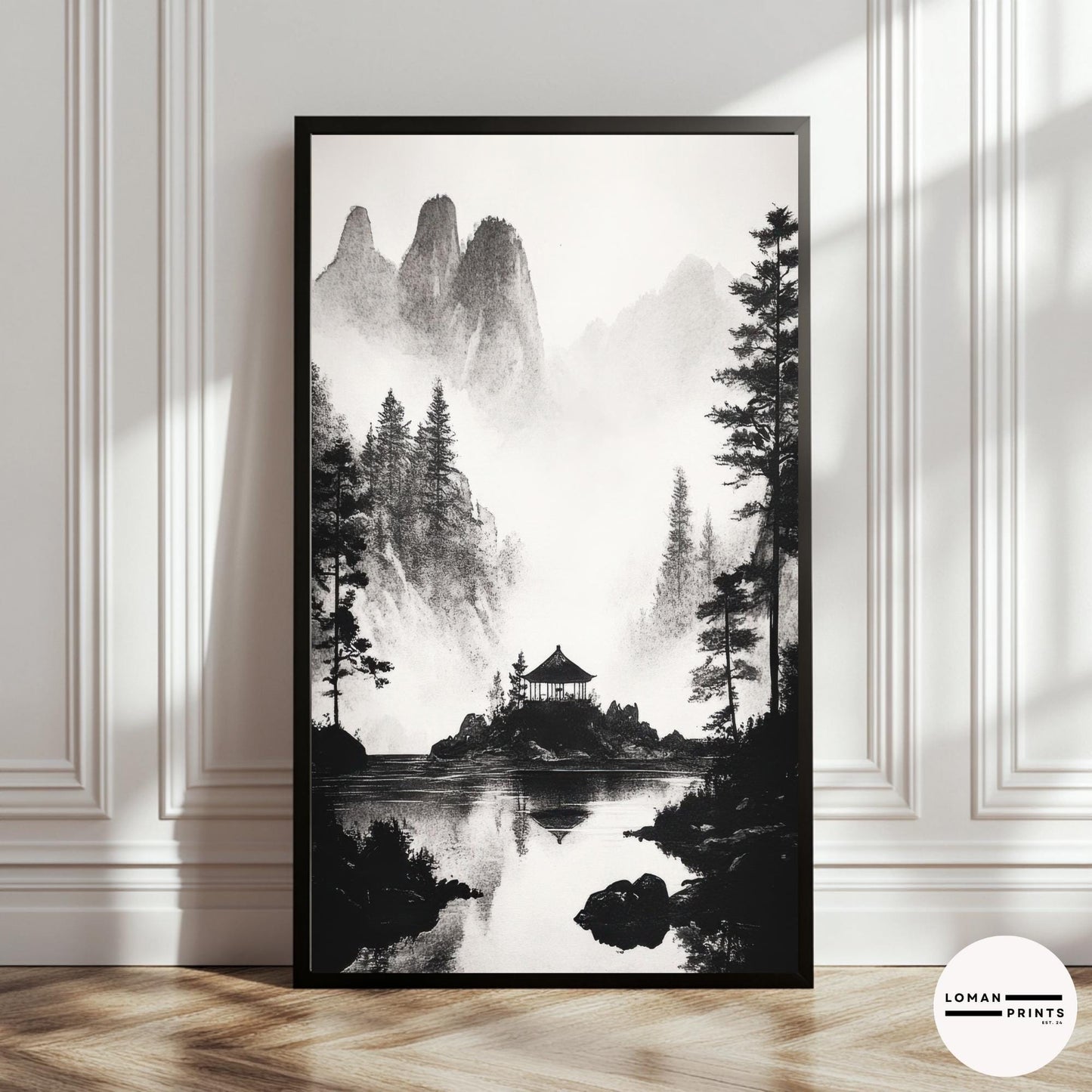 Black and White Japanese Zen Art - Secluded Pavilion in Misty Mountains - Minimalist Landscape Print for Meditation Room Decor