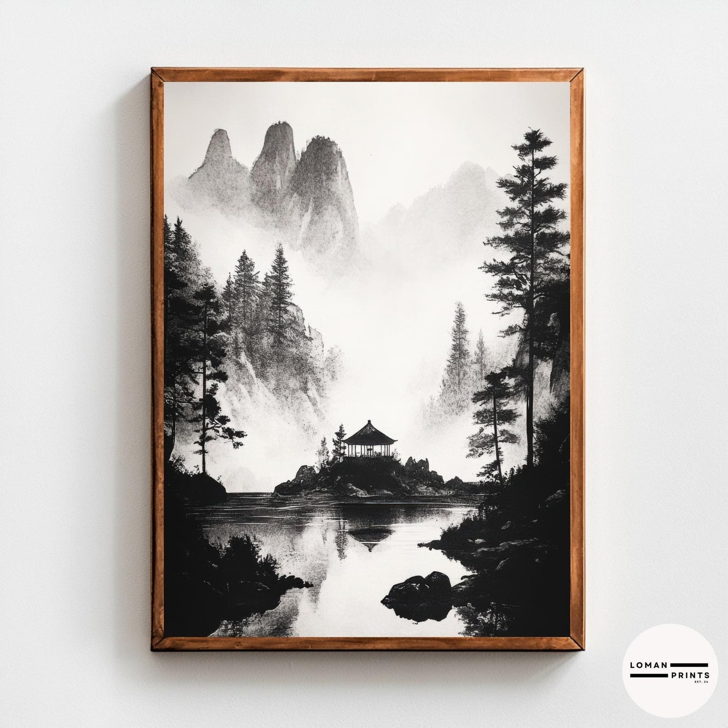 Black and White Japanese Zen Art - Secluded Pavilion in Misty Mountains - Minimalist Landscape Print for Meditation Room Decor