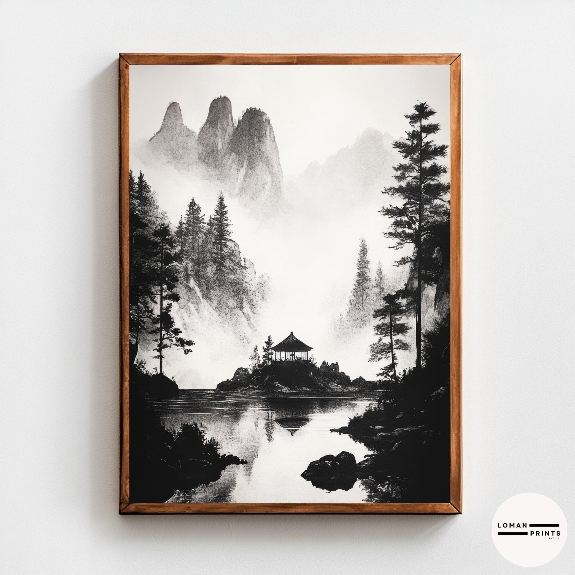 Black and White Japanese Zen Art - Secluded Pavilion in Misty Mountains - Minimalist Landscape Print for Meditation Room Decor