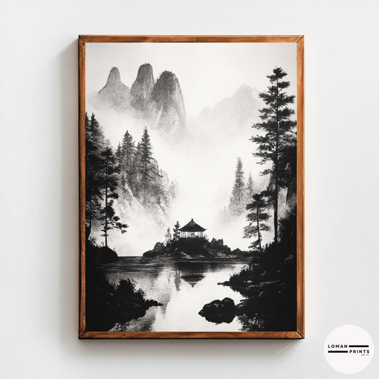 Black and White Japanese Zen Art - Secluded Pavilion in Misty Mountains - Minimalist Landscape Print for Meditation Room Decor