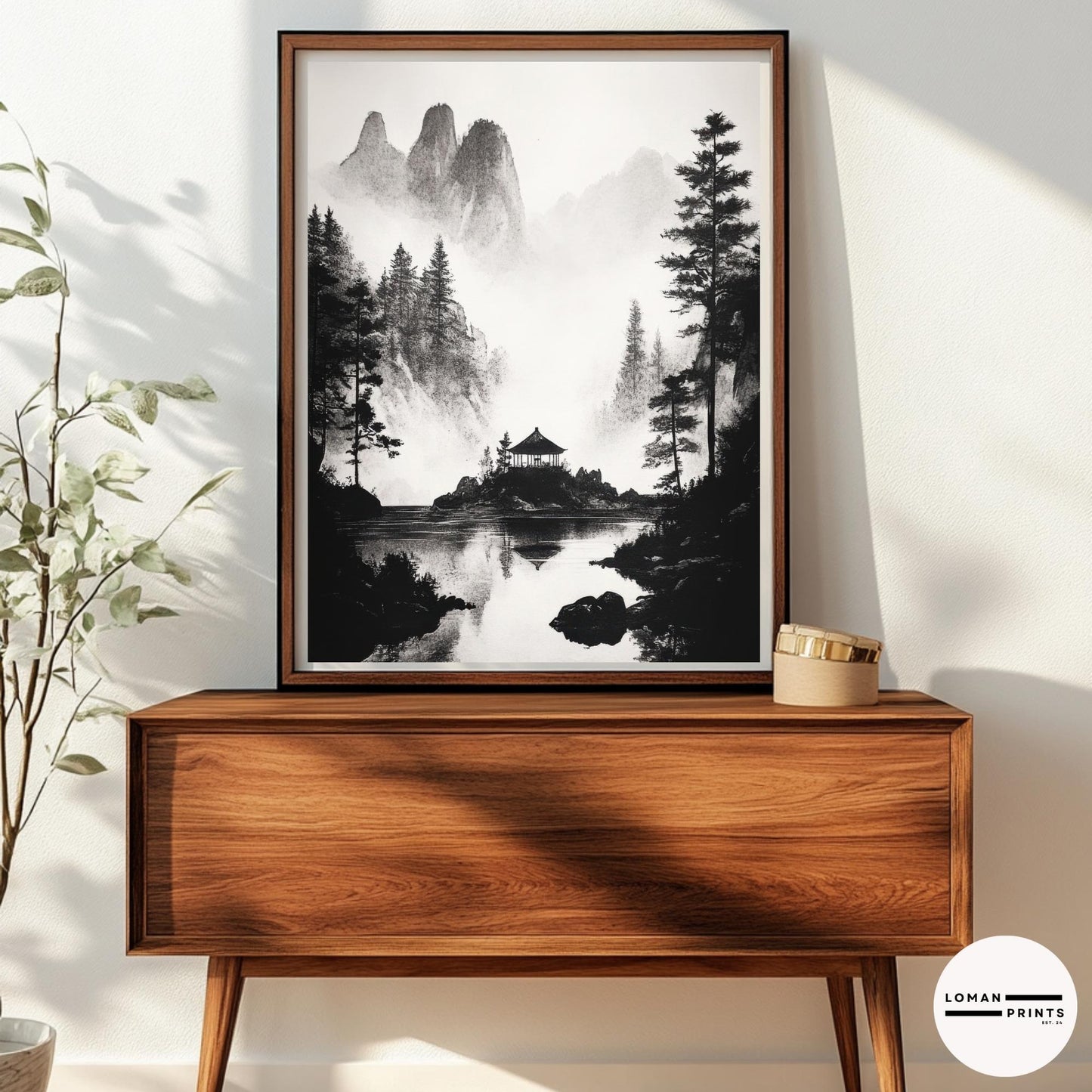 Black and White Japanese Zen Art - Secluded Pavilion in Misty Mountains - Minimalist Landscape Print for Meditation Room Decor