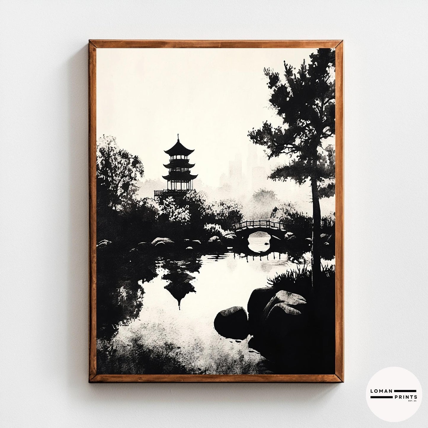 Black and White Zen Nature Art - Pagoda and Bridge Over Reflective Water - Minimalist Landscape Print for Tranquil Decor