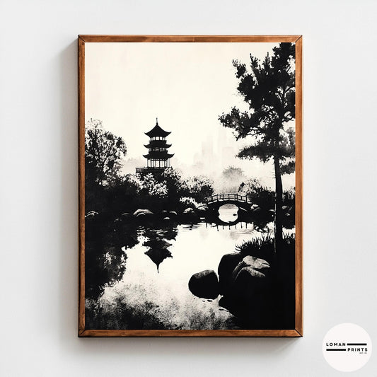 Black and White Zen Nature Art - Pagoda and Bridge Over Reflective Water - Minimalist Landscape Print for Tranquil Decor