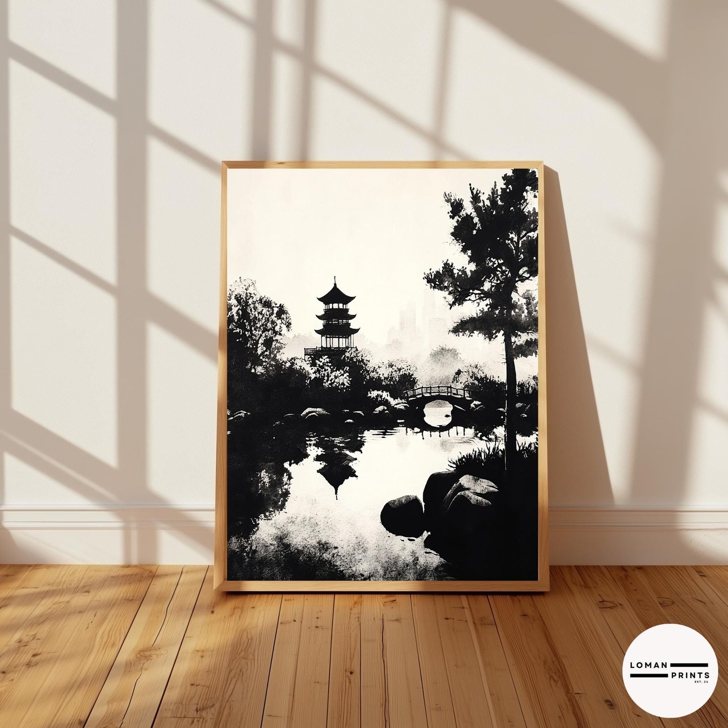 Black and White Zen Nature Art - Pagoda and Bridge Over Reflective Water - Minimalist Landscape Print for Tranquil Decor