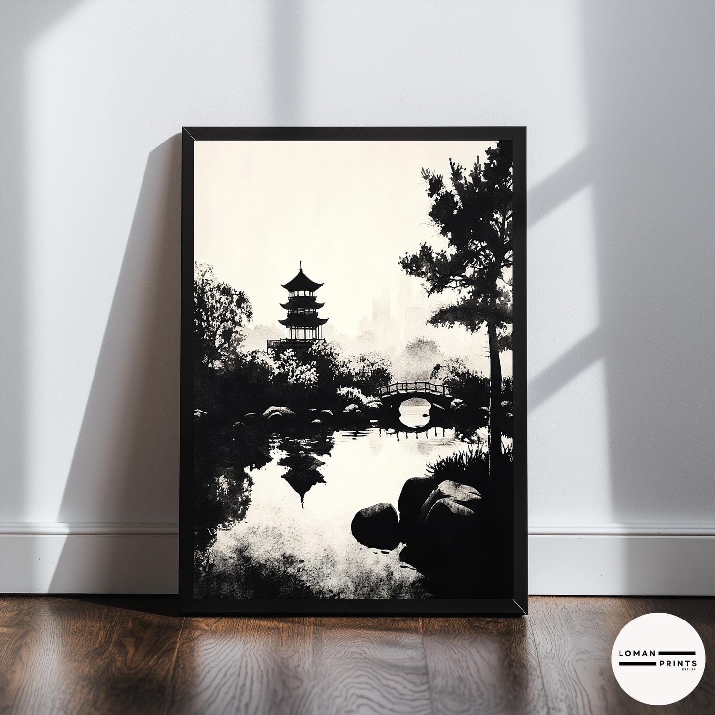 Black and White Zen Nature Art - Pagoda and Bridge Over Reflective Water - Minimalist Landscape Print for Tranquil Decor
