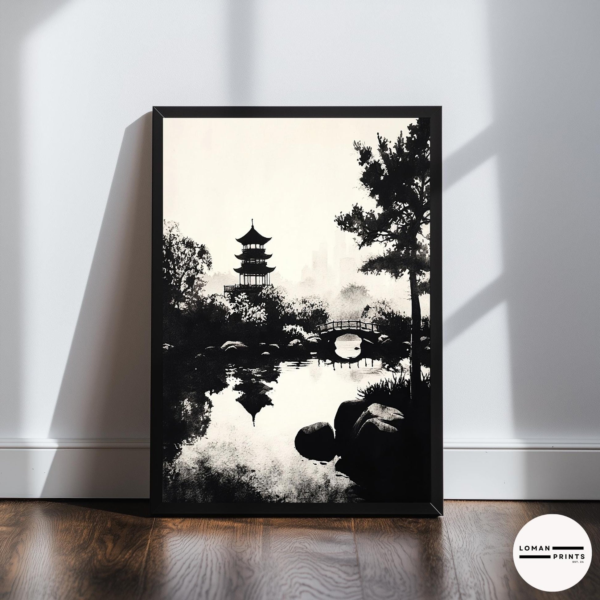 Black and White Zen Nature Art - Pagoda and Bridge Over Reflective Water - Minimalist Landscape Print for Tranquil Decor
