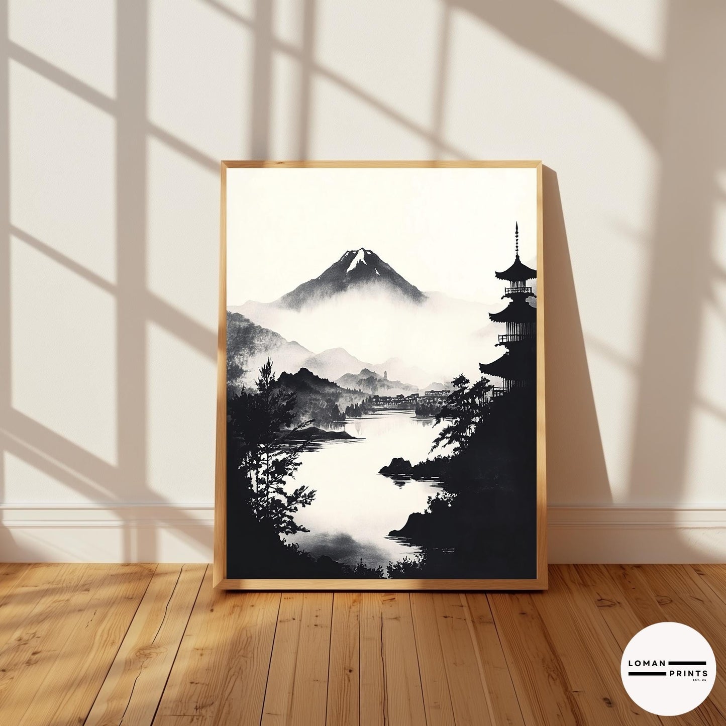 Black and White Zen Landscape Art - Misty Lake View with Distant Pagoda - Minimalist Japanese Print for Serene Home Decor
