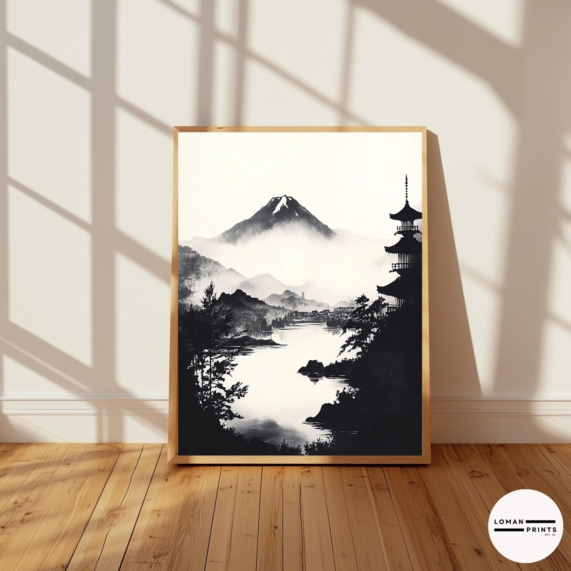 Black and White Zen Landscape Art - Misty Lake View with Distant Pagoda - Minimalist Japanese Print for Serene Home Decor
