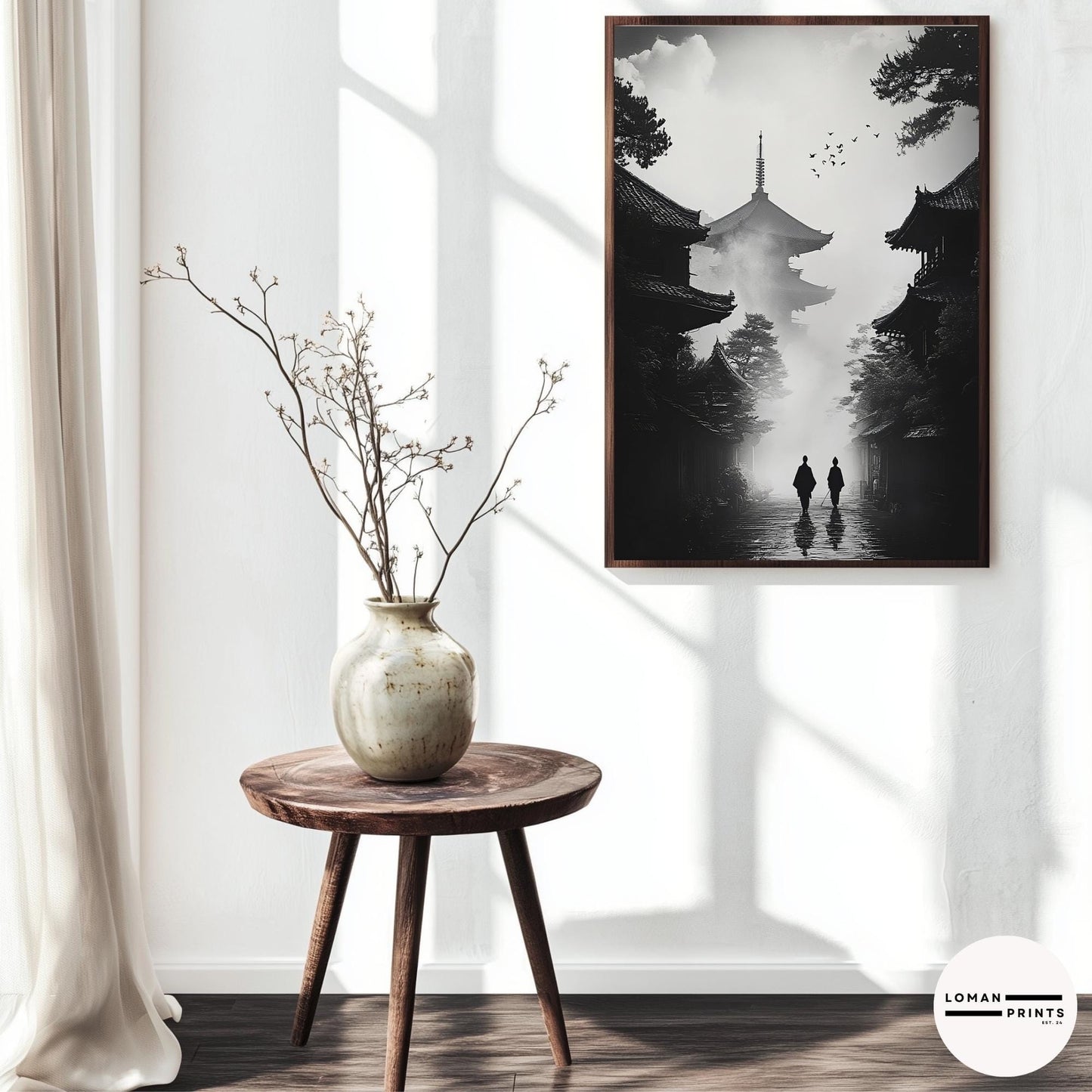 Black and White Zen Art - Monks Walking Towards Pagoda in Mist - Minimalist Japanese Print for Dramatic and Tranquil Deco