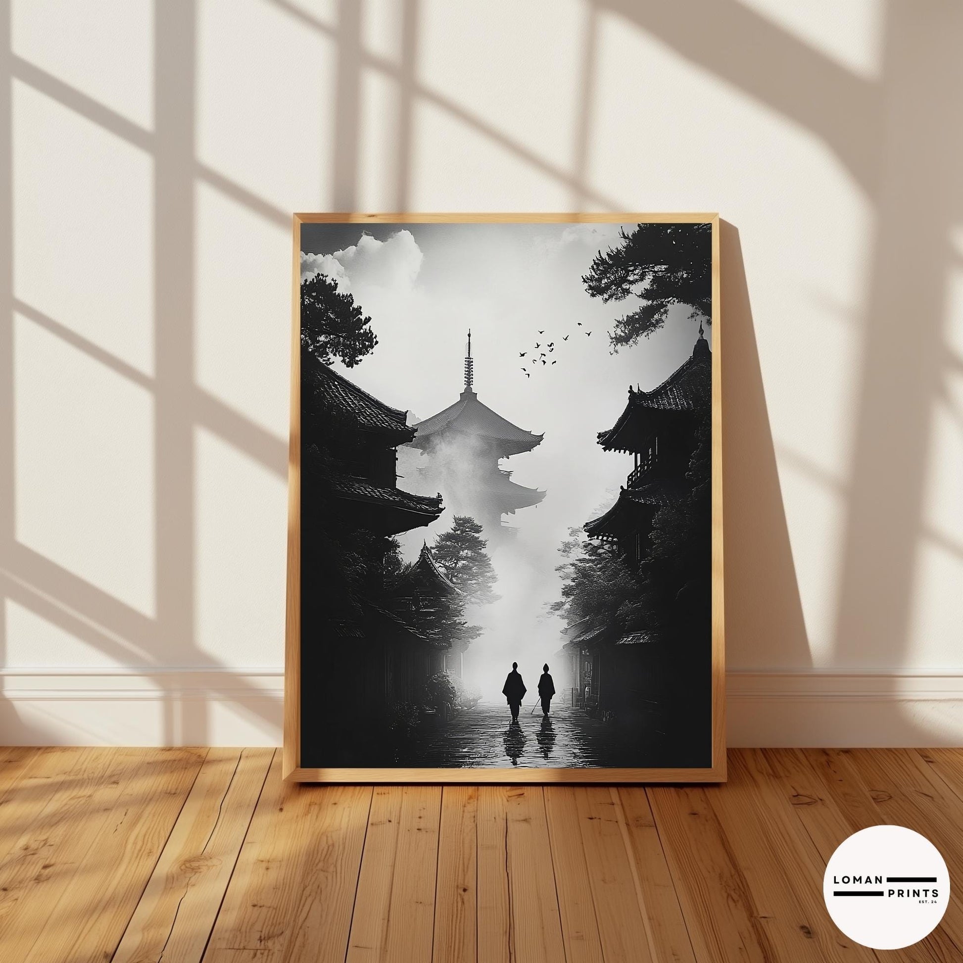 Black and White Zen Art - Monks Walking Towards Pagoda in Mist - Minimalist Japanese Print for Dramatic and Tranquil Deco