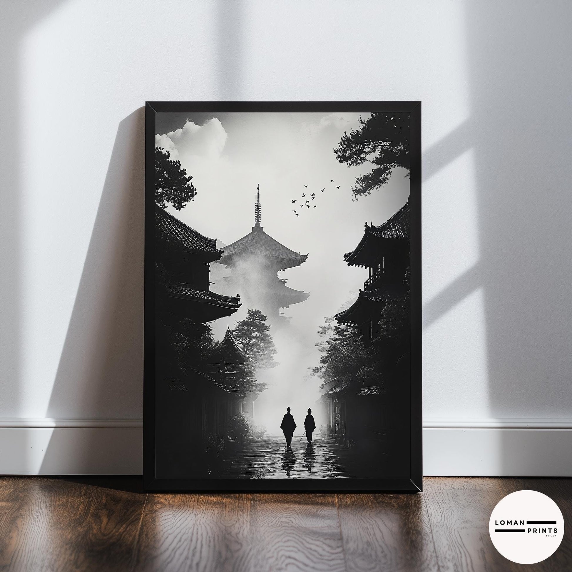 Black and White Zen Art - Monks Walking Towards Pagoda in Mist - Minimalist Japanese Print for Dramatic and Tranquil Deco