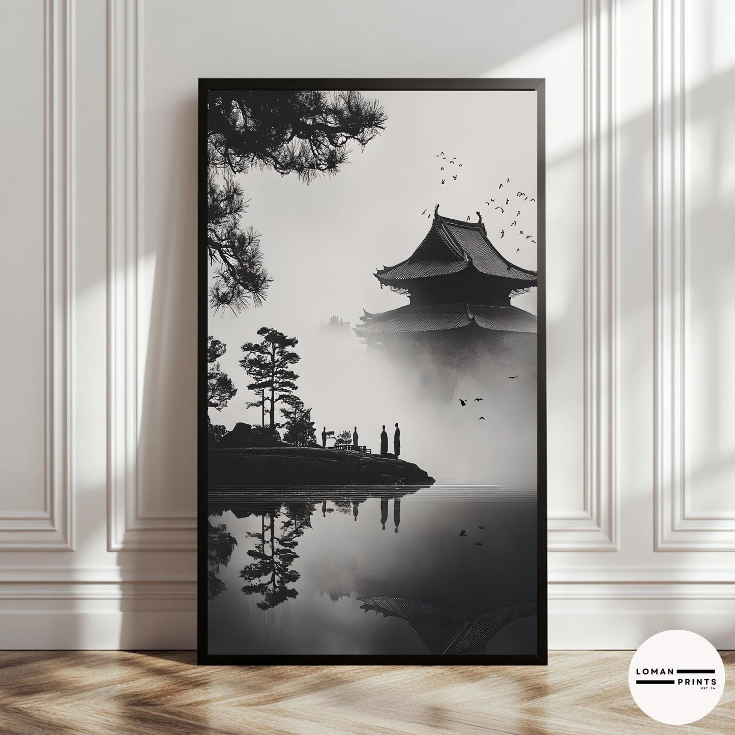Black and White Zen Art - Monks by Pagoda Reflecting on Misty Lake - Minimalist Japanese Print for Serene and Peaceful Decor