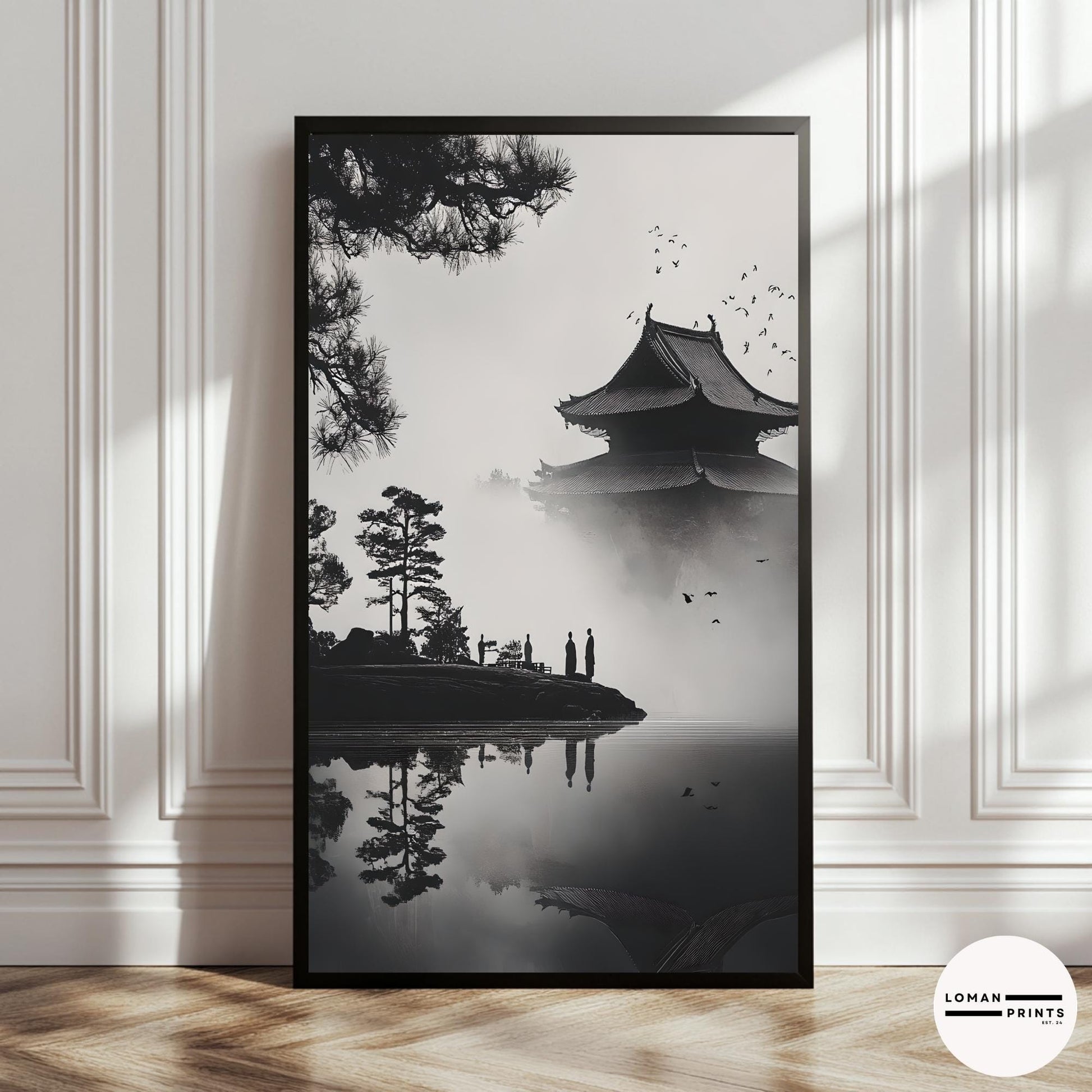 Black and White Zen Art - Monks by Pagoda Reflecting on Misty Lake - Minimalist Japanese Print for Serene and Peaceful Decor