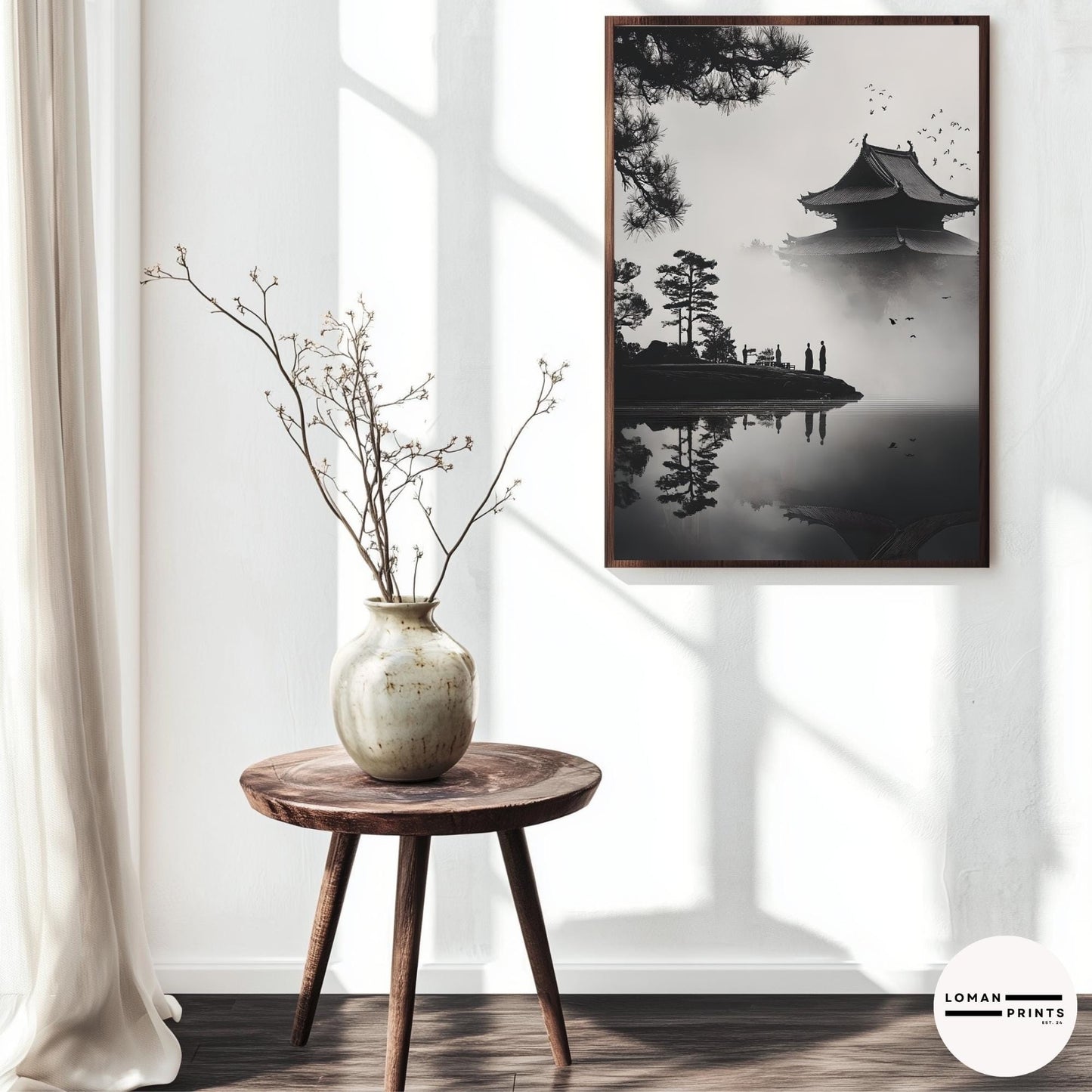 Black and White Zen Art - Monks by Pagoda Reflecting on Misty Lake - Minimalist Japanese Print for Serene and Peaceful Decor