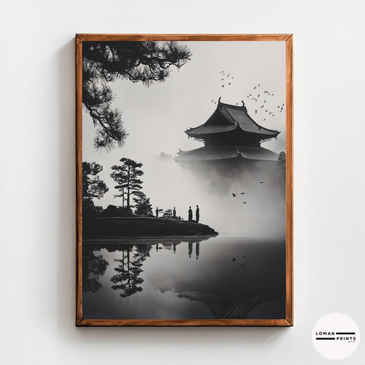 Black and White Zen Art - Monks by Pagoda Reflecting on Misty Lake - Minimalist Japanese Print for Serene and Peaceful Decor