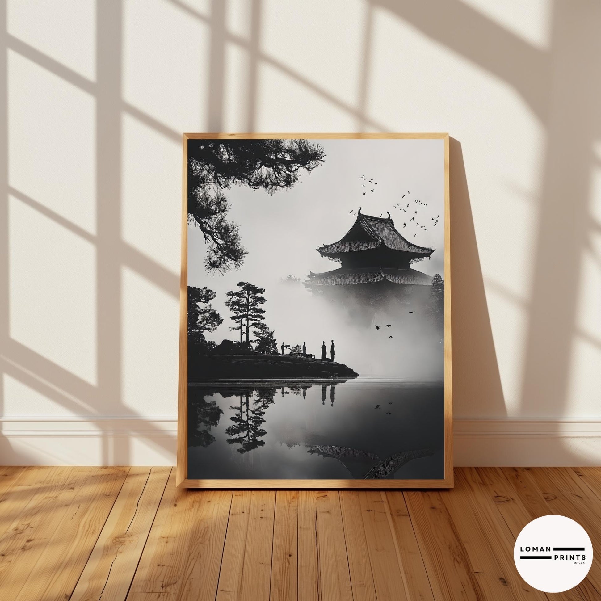 Black and White Zen Art - Monks by Pagoda Reflecting on Misty Lake - Minimalist Japanese Print for Serene and Peaceful Decor