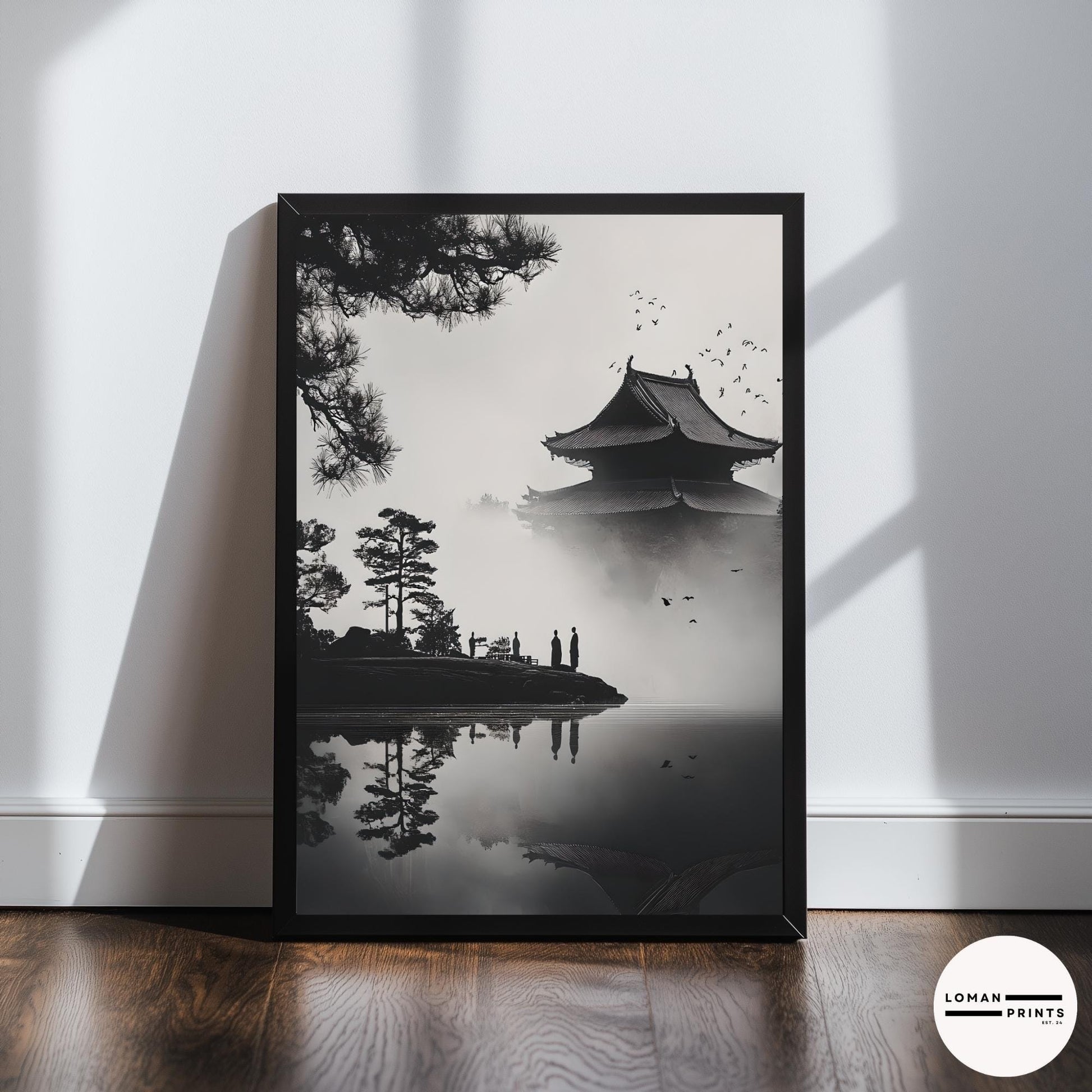 Black and White Zen Art - Monks by Pagoda Reflecting on Misty Lake - Minimalist Japanese Print for Serene and Peaceful Decor