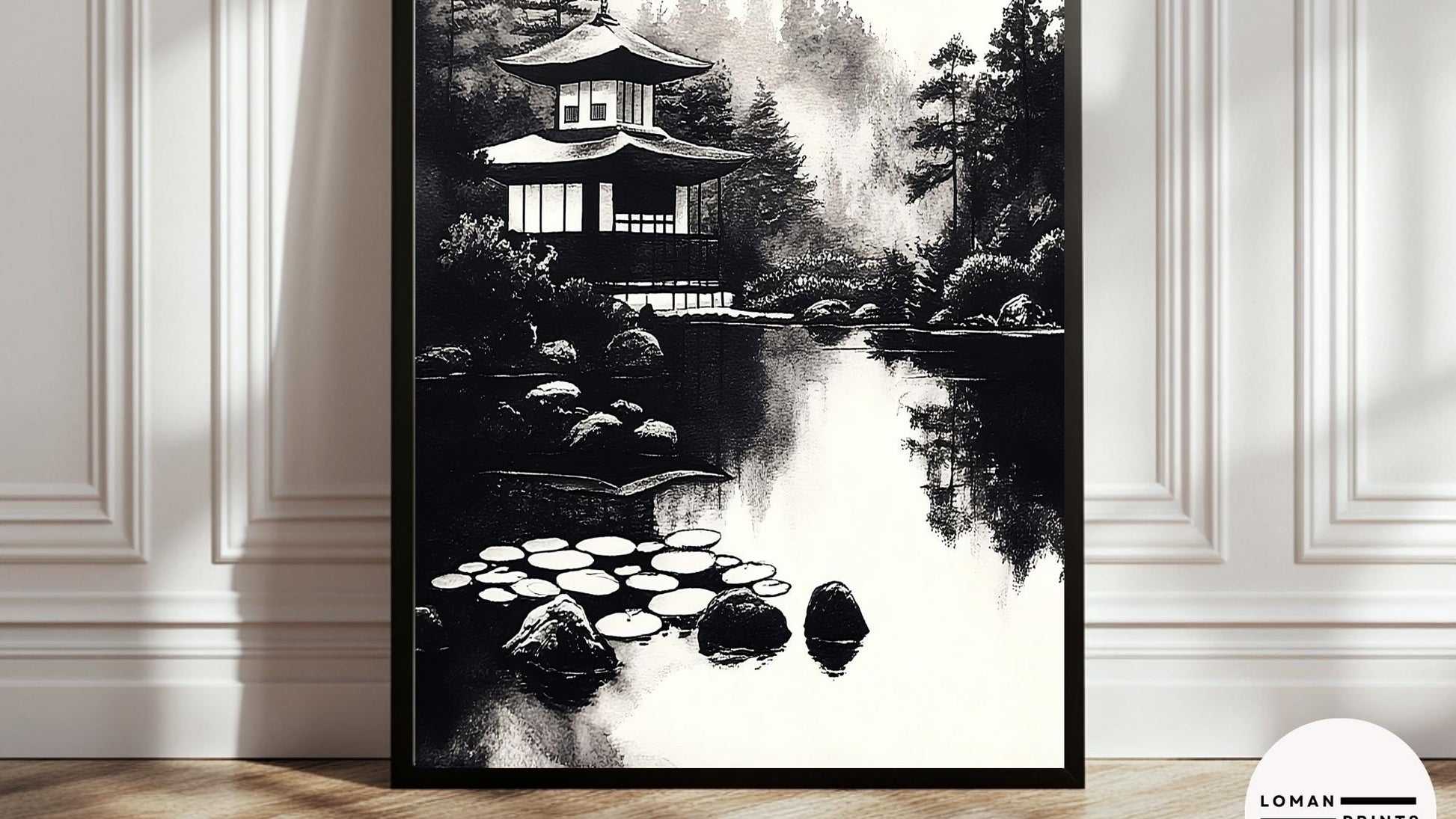 Black and White Zen Art - Tranquil Japanese Pavilion by Reflective Pond - Minimalist Landscape Print for Serene Home Decor