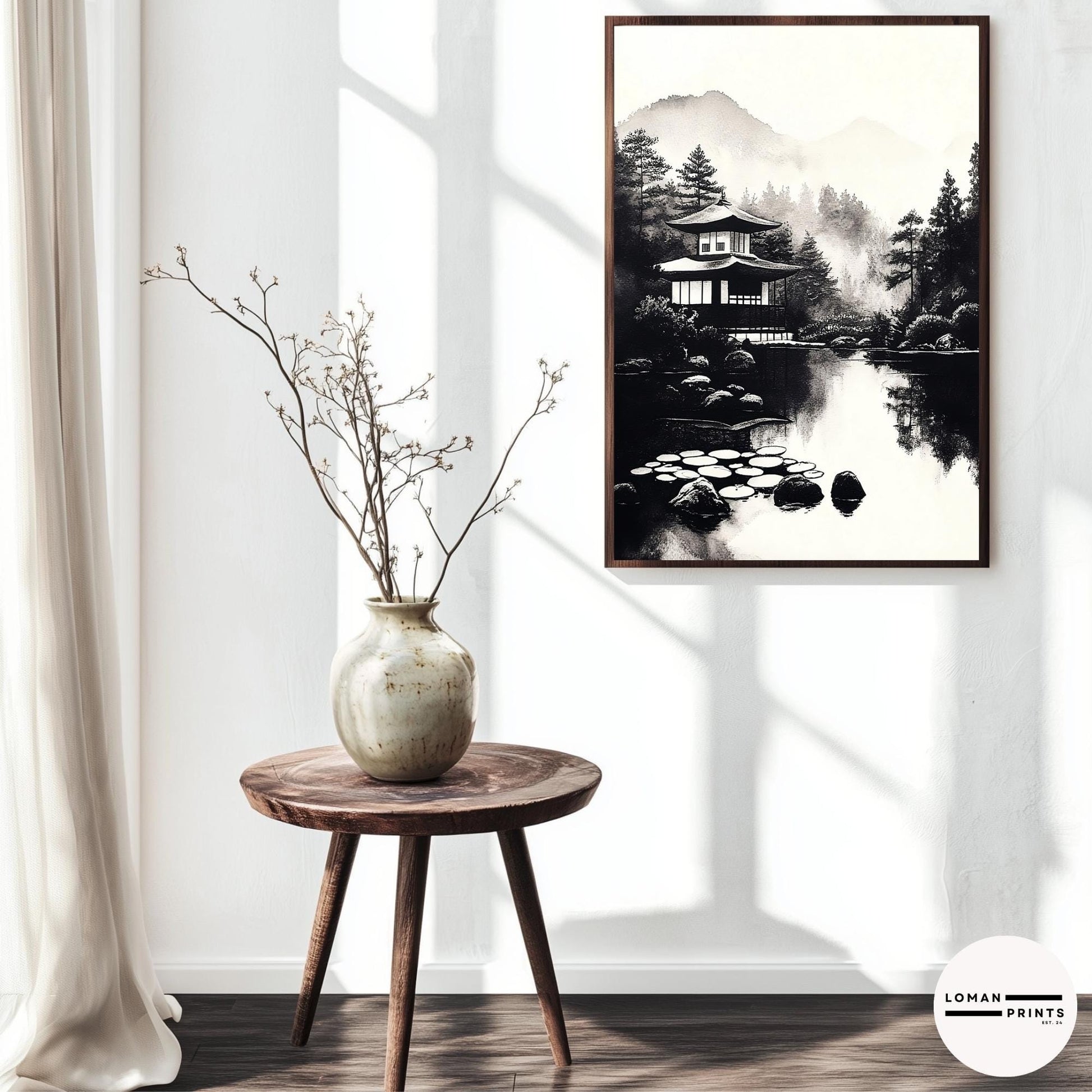 Black and White Zen Art - Tranquil Japanese Pavilion by Reflective Pond - Minimalist Landscape Print for Serene Home Decor