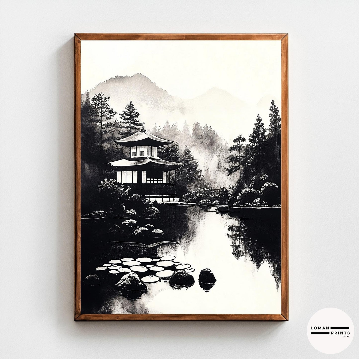 Black and White Zen Art - Tranquil Japanese Pavilion by Reflective Pond - Minimalist Landscape Print for Serene Home Decor