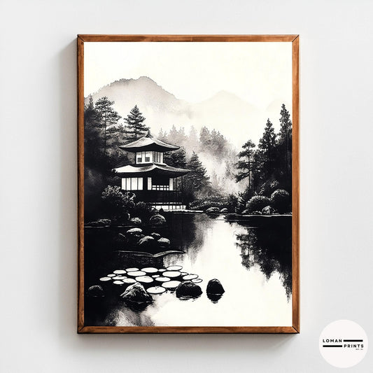 Black and White Zen Art - Tranquil Japanese Pavilion by Reflective Pond - Minimalist Landscape Print for Serene Home Decor