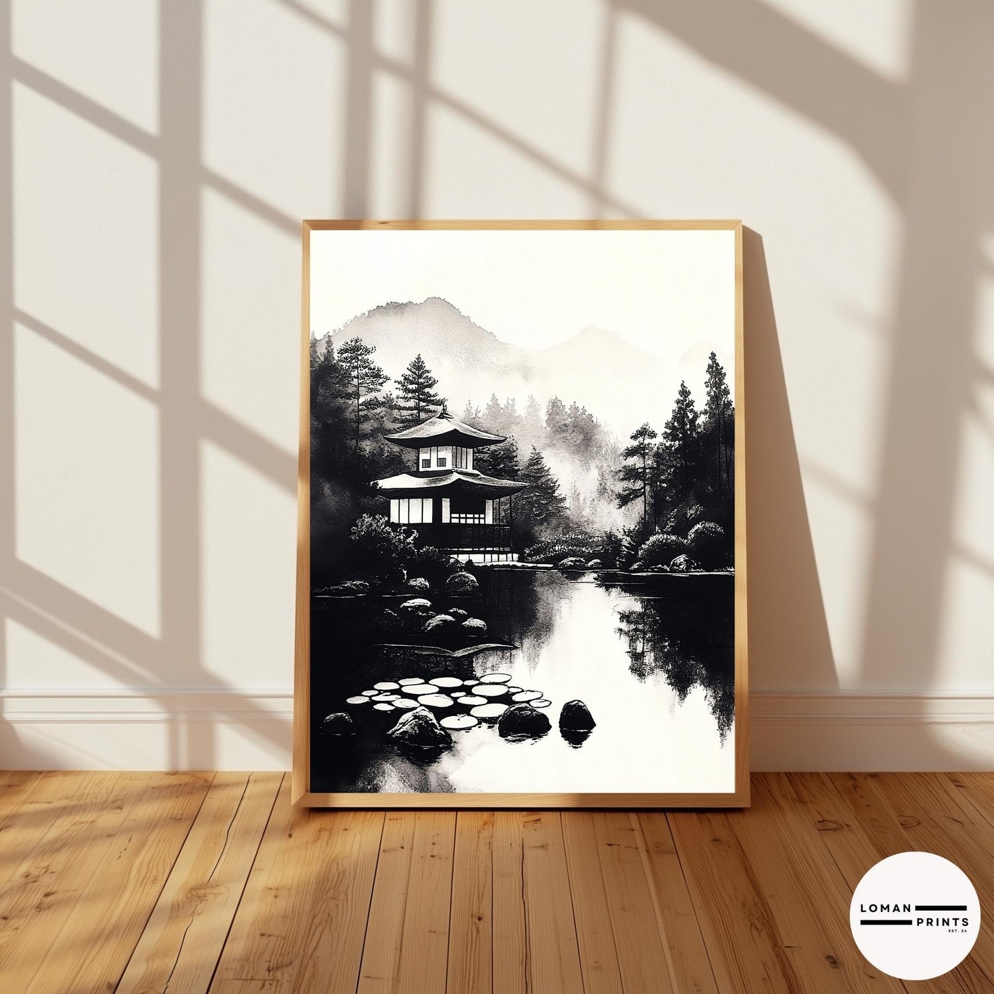 Black and White Zen Art - Tranquil Japanese Pavilion by Reflective Pond - Minimalist Landscape Print for Serene Home Decor