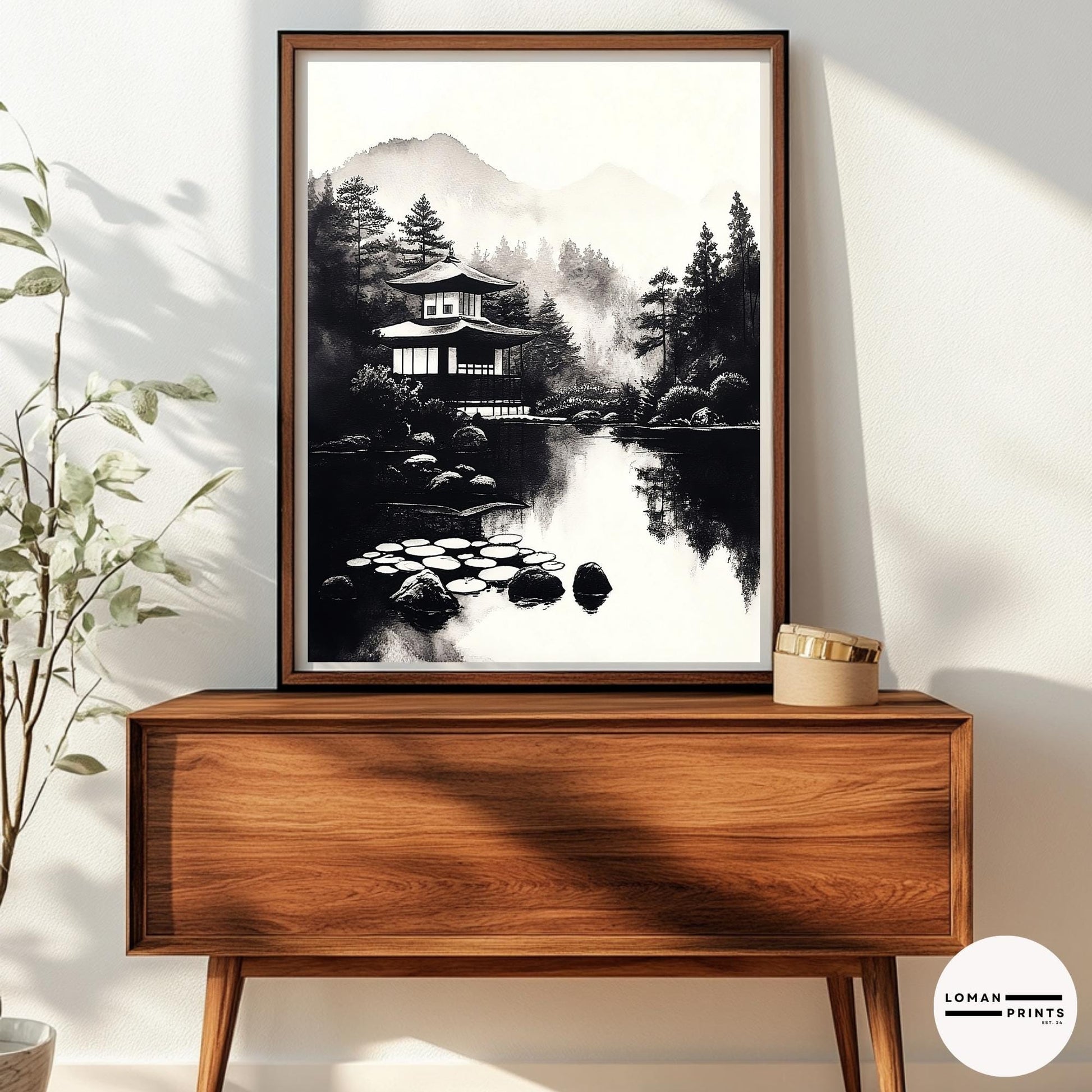 Black and White Zen Art - Tranquil Japanese Pavilion by Reflective Pond - Minimalist Landscape Print for Serene Home Decor