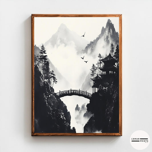 Black and White Zen Nature Art - Japanese Pavilion with Arched Bridge - Minimalist Landscape Print for Peaceful Home Decor