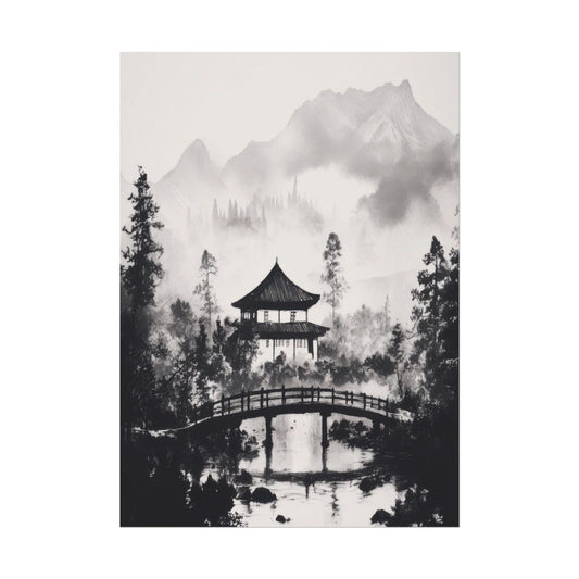 Japanese Pavilion with Arched Bridge - Black and White Zen Nature Art - Minimalist Landscape Print for Peaceful Home Decor