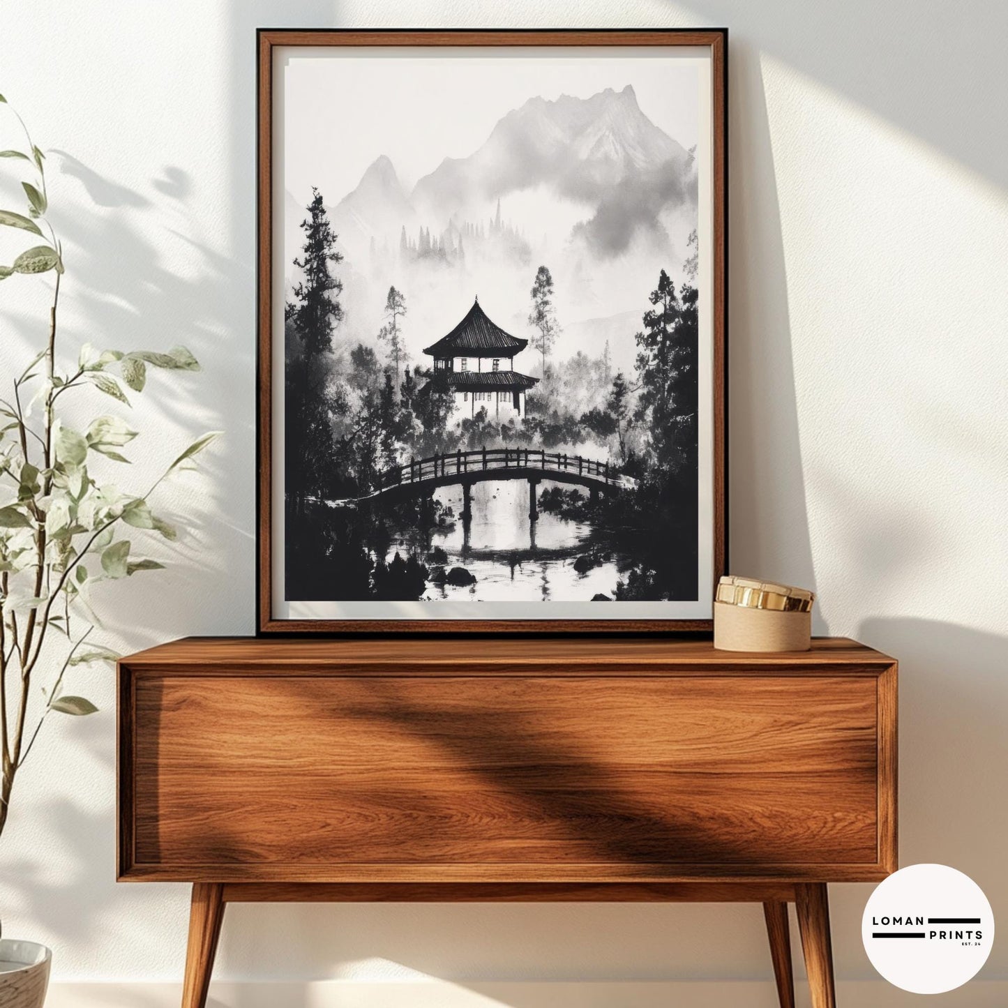Japanese Pavilion with Arched Bridge - Black and White Zen Nature Art - Minimalist Landscape Print for Peaceful Home Decor