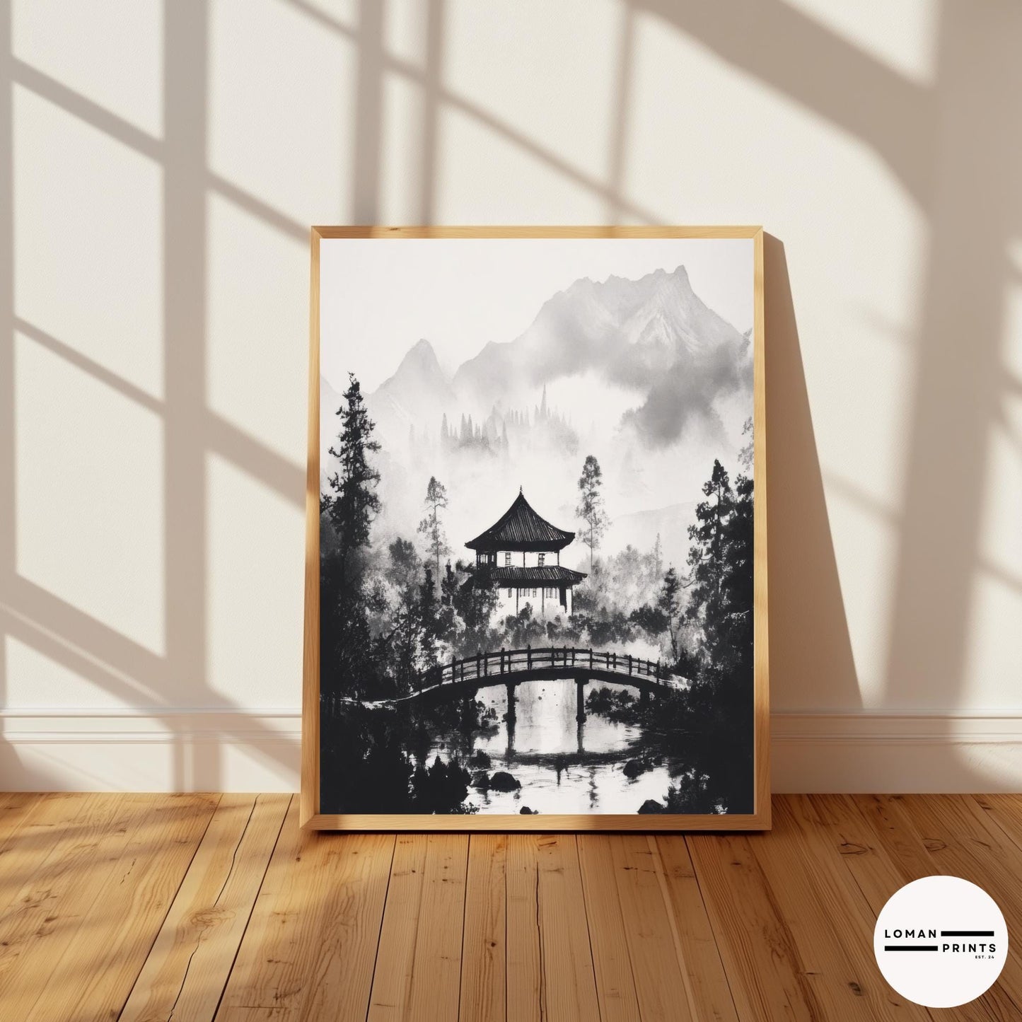 Japanese Pavilion with Arched Bridge - Black and White Zen Nature Art - Minimalist Landscape Print for Peaceful Home Decor