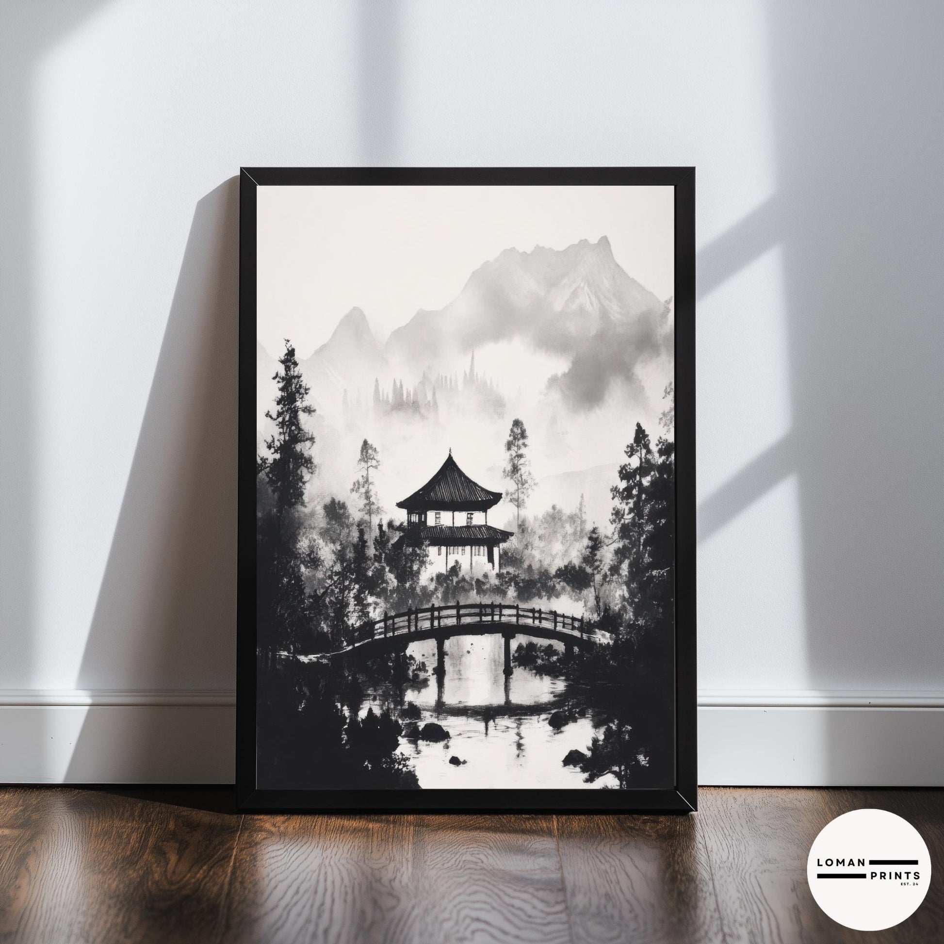 Japanese Pavilion with Arched Bridge - Black and White Zen Nature Art - Minimalist Landscape Print for Peaceful Home Decor