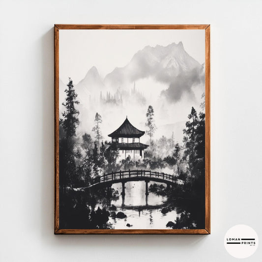 Japanese Pavilion with Arched Bridge - Black and White Zen Nature Art - Minimalist Landscape Print for Peaceful Home Decor
